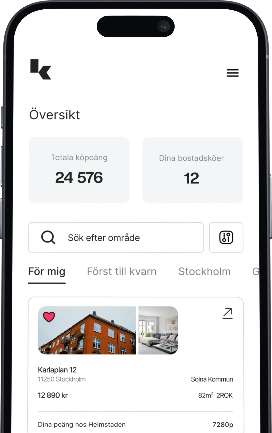 Bild på KöKolls startsida på telefon