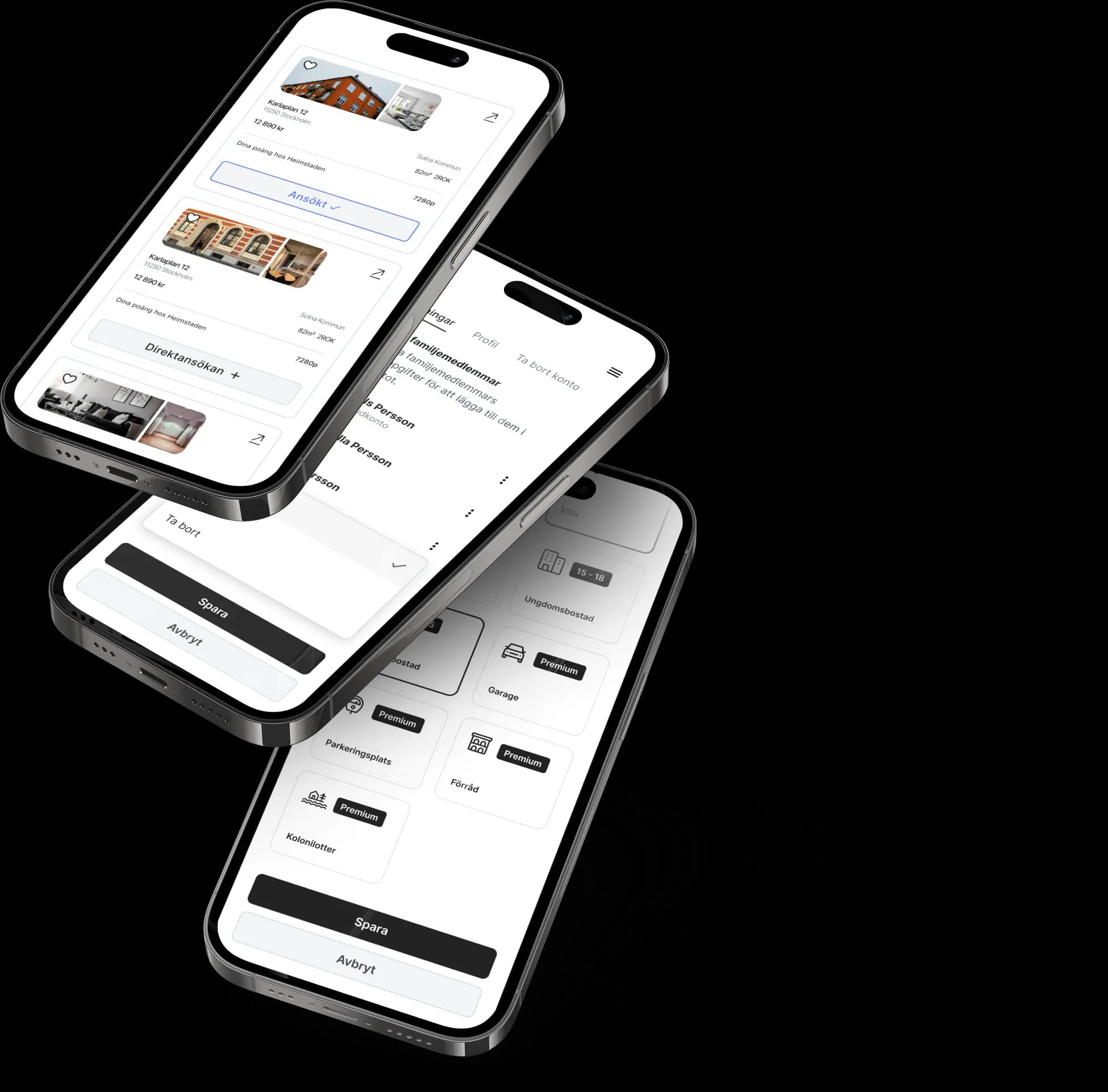 Tre telefoner som visar premium funktioner